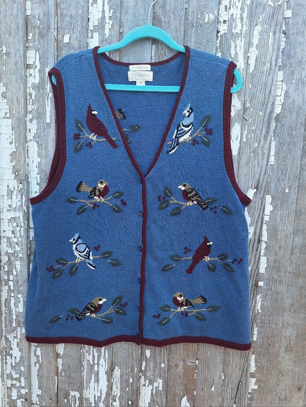 Vintage Sweater Vest Women's 2X Blue Hand Embroidered Birds Christopher Banks